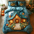 Harvest Glow Autumn Leaves quilted 3-piece bedding set on a made bed with two matching pillow shams