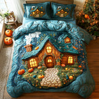 Harvest Glow Autumn Leaves quilted 3-piece bedding set on a made bed with two matching pillow shams
