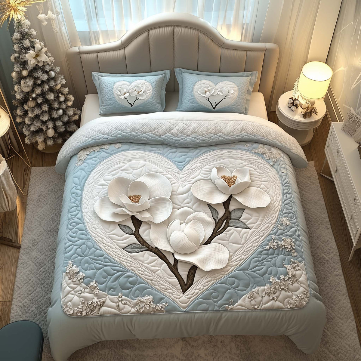 Heart Magnolia quilted 3-piece bedding set on a made bed with two matching pillow shams
