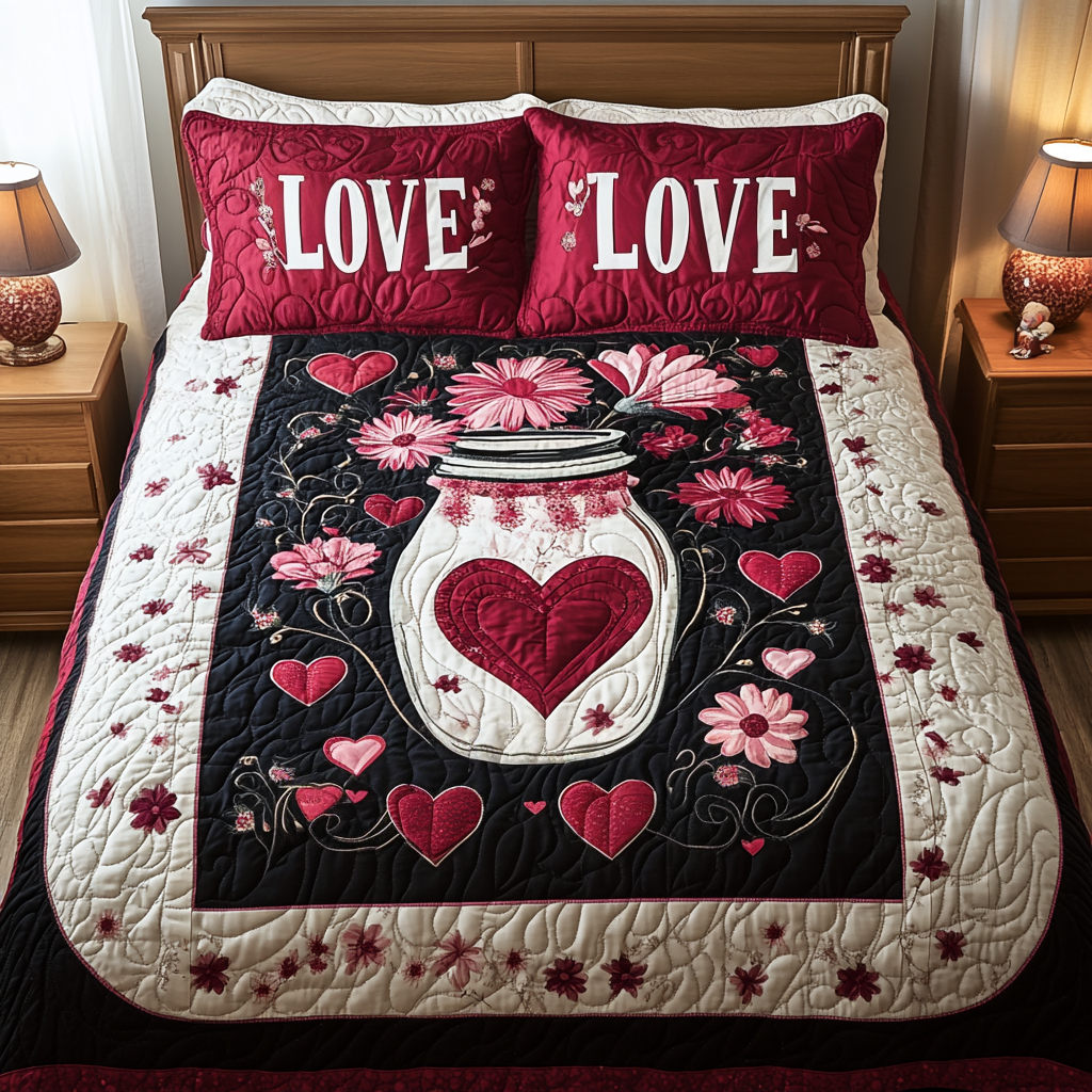 Hearts Aflutter quilted 3-piece bedding set on a made bed with two matching pillow shams