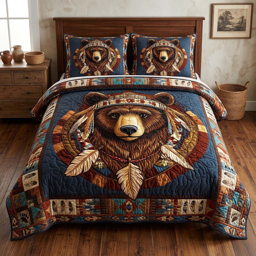 Heritage Bear Feather quilted 3-piece bedding set on a made bed with two matching pillow shams