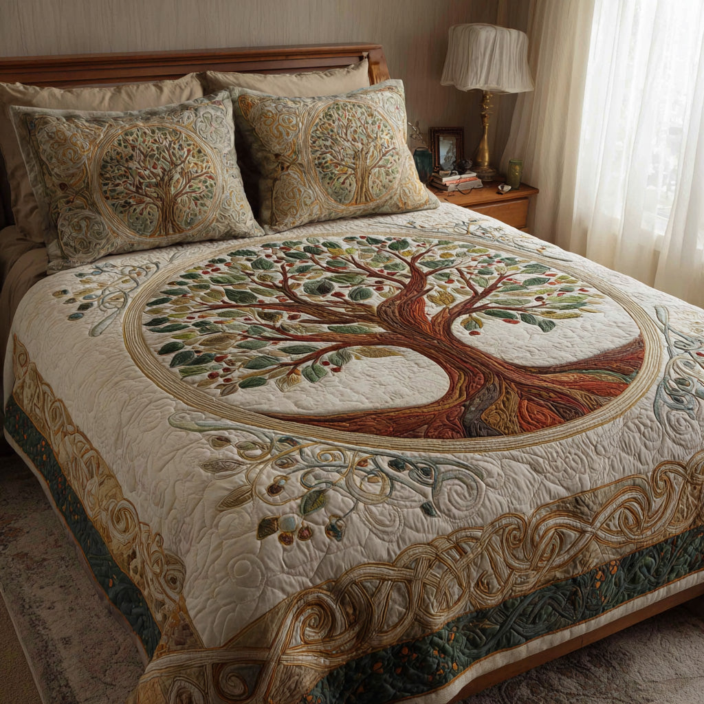 Heritage Circle quilted 3-piece bedding set on a made bed with two matching pillow shams