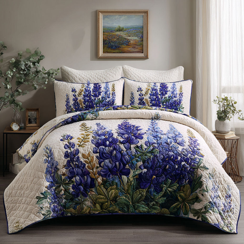 Heritage Field quilted 3-piece bedding set on a made bed with two matching pillow shams