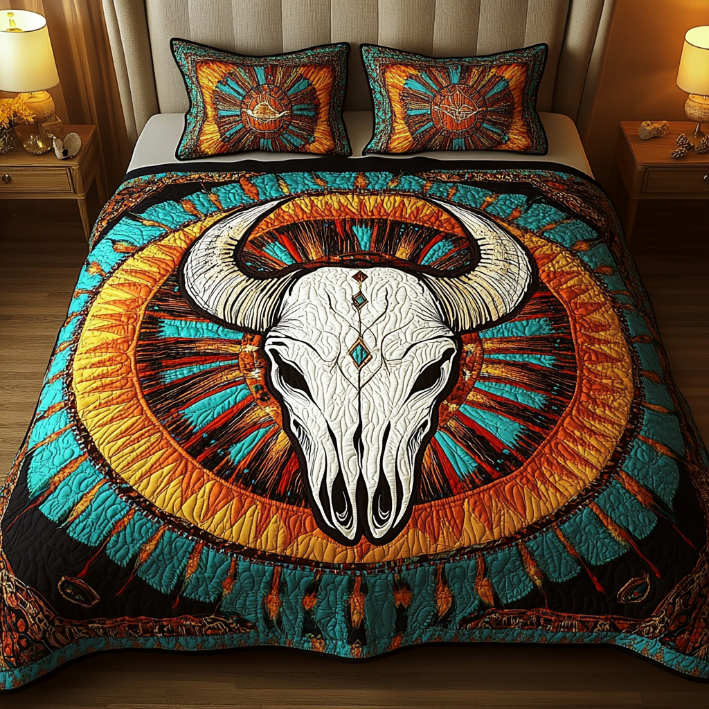 Heritage Glow Southwest quilted 3-piece bedding set on a made bed with two matching pillow shams