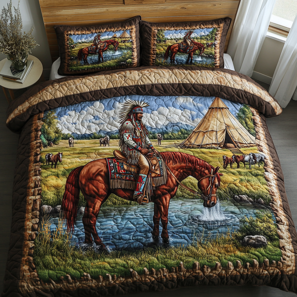 Heritage Harmony quilted 3-piece bedding set on a made bed with two matching pillow shams