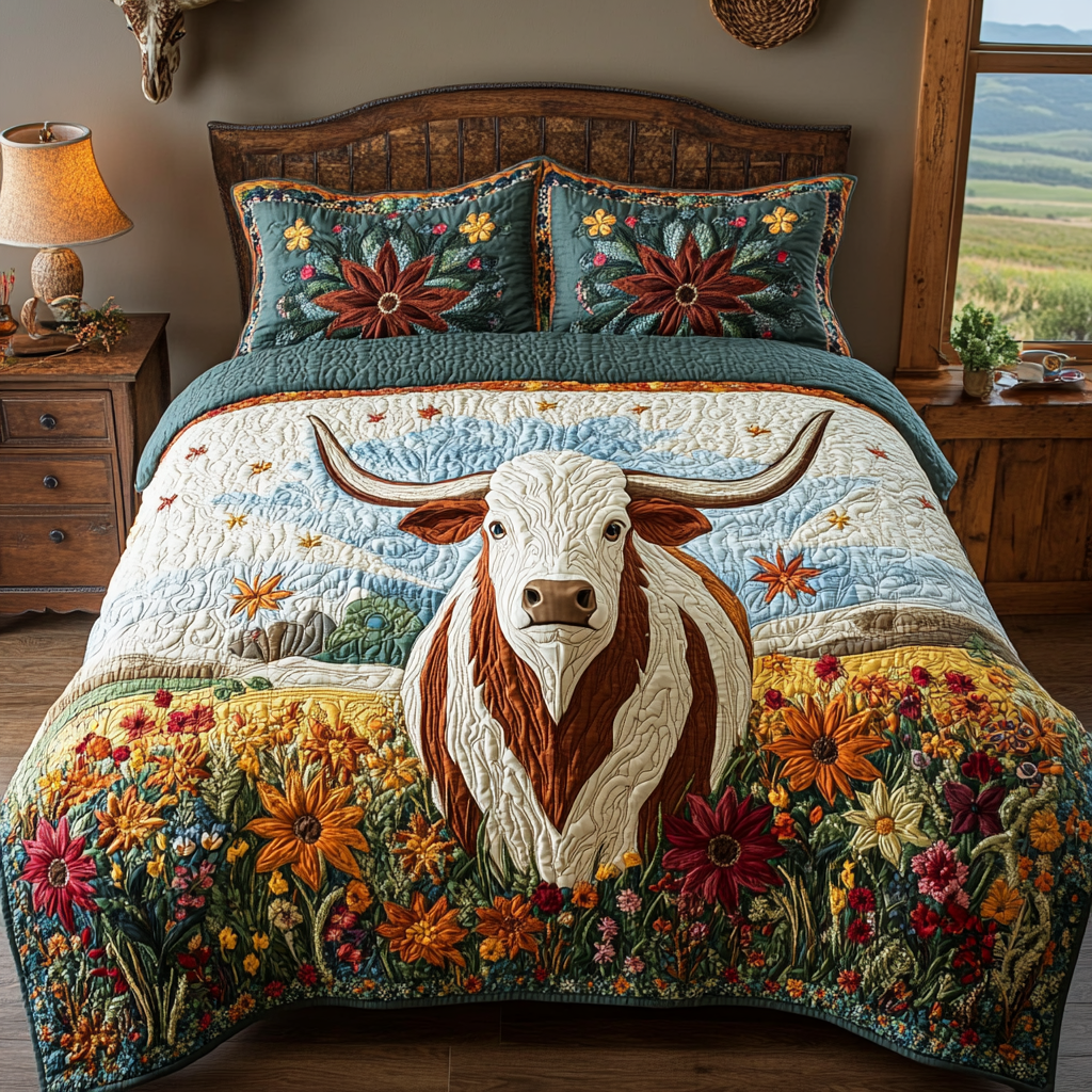 Heritage Horns Animal quilted 3-piece bedding set on a made bed with two matching pillow shams