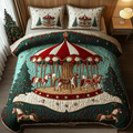 Holiday Carousel Magic quilted 3-piece bedding set on a made bed with two matching pillow shams