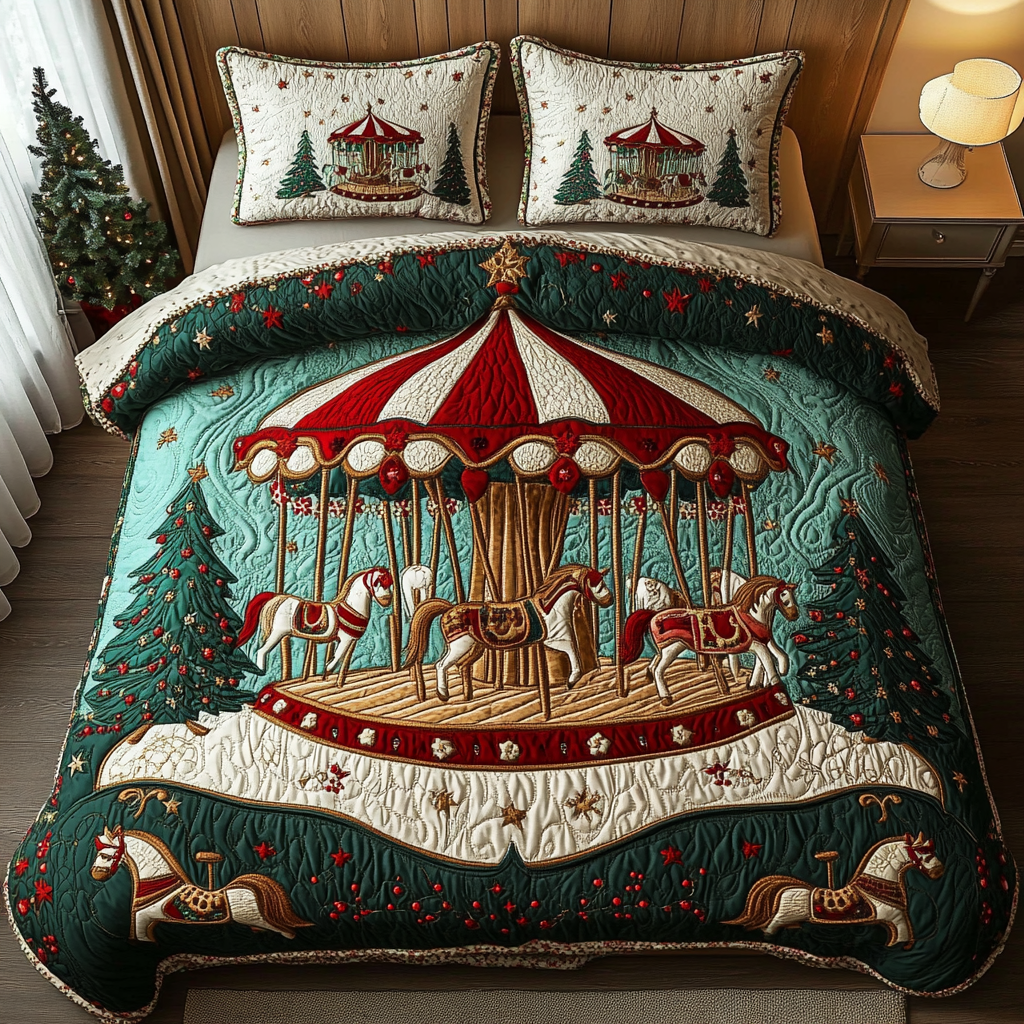 Holiday Carousel Magic quilted 3-piece bedding set on a made bed with two matching pillow shams