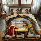 Holiday Cheer Christmas quilted 3-piece bedding set on a made bed with two matching pillow shams