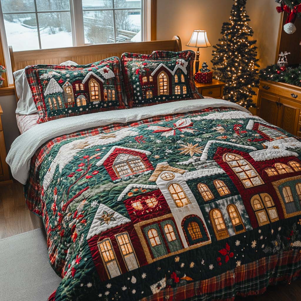 Holiday Cottage Lights quilted 3-piece bedding set on a made bed with two matching pillow shams