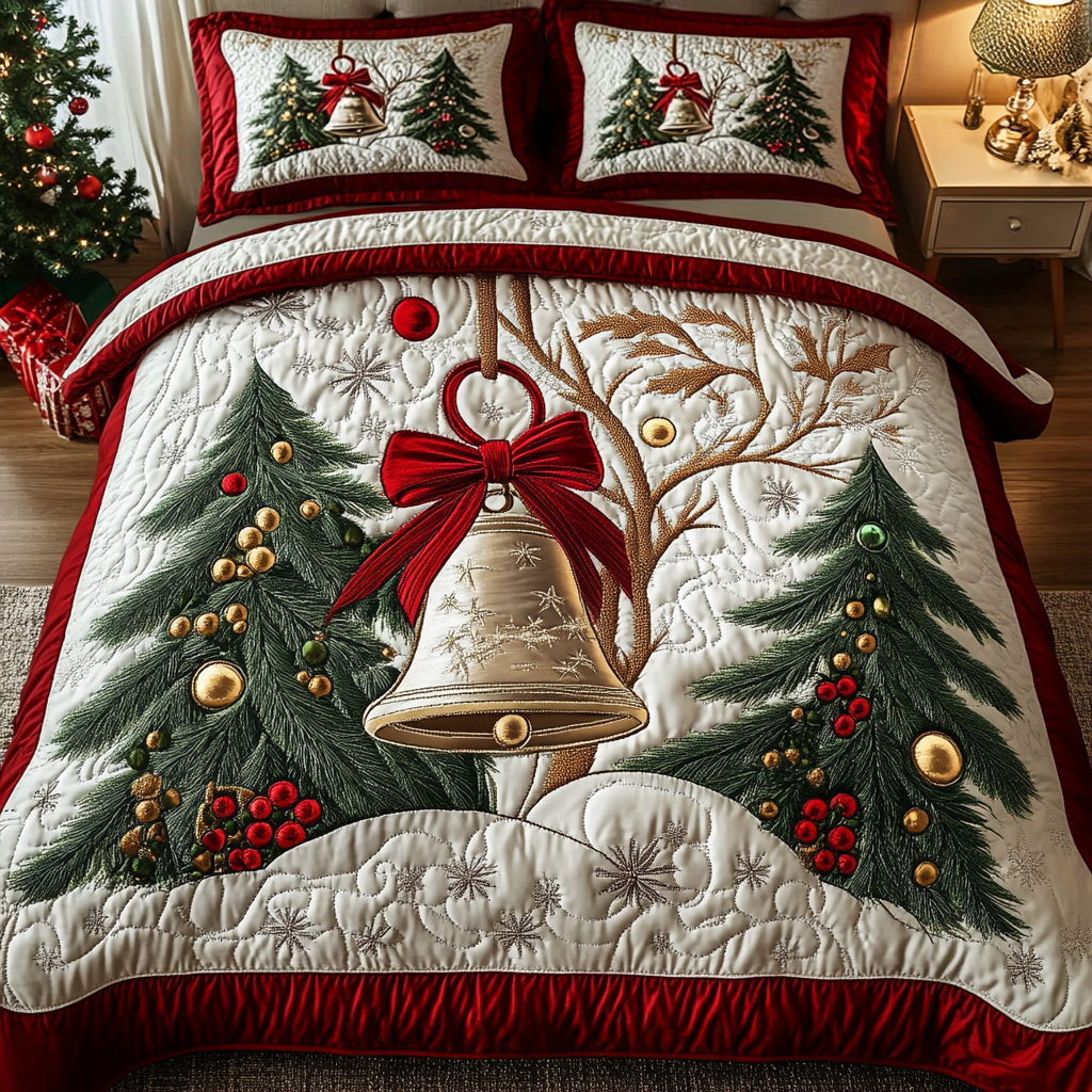 Holiday Harmony quilted 3-piece bedding set on a made bed with two matching pillow shams