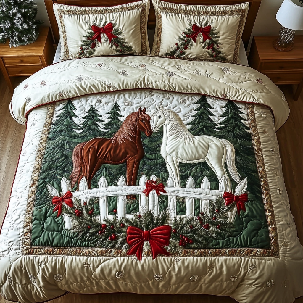 Holiday Horses quilted 3-piece bedding set on a made bed with two matching pillow shams