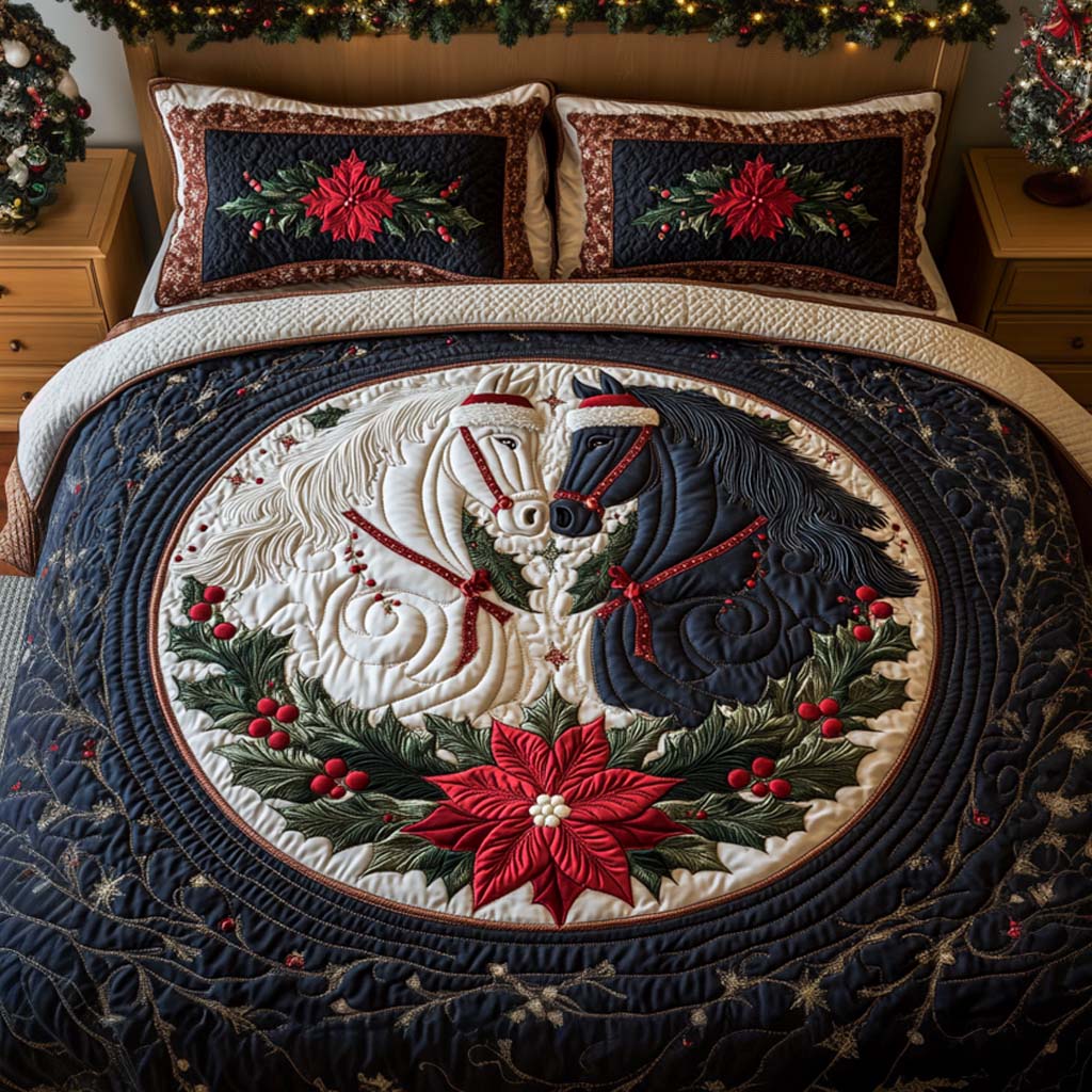 Holiday Horses Duo quilted 3-piece bedding set on a made bed with two matching pillow shams
