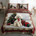 Holiday Poodle quilted 3-piece bedding set on a made bed with two matching pillow shams