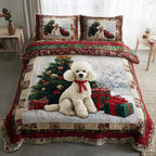 Holiday Poodle quilted 3-piece bedding set on a made bed with two matching pillow shams