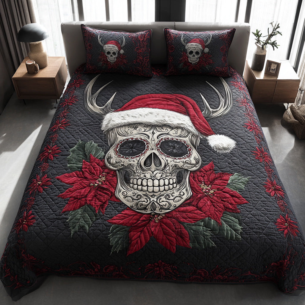 Holiday Skull Reindeer quilted 3-piece bedding set on a made bed with two matching pillow shams