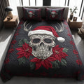 Holiday Skull Reindeer quilted 3-piece bedding set on a made bed with two matching pillow shams