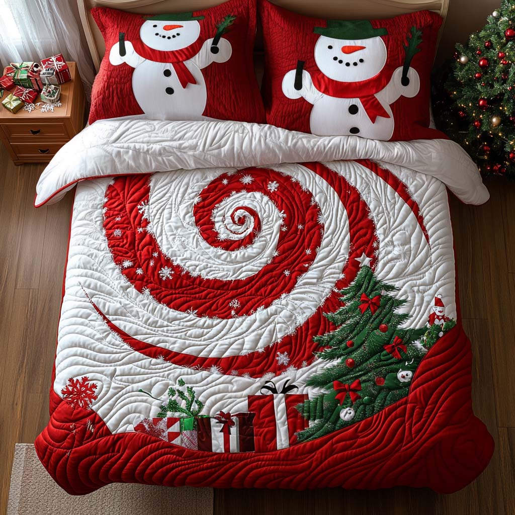 Holiday Spiral quilted 3-piece bedding set on a made bed with two matching pillow shams