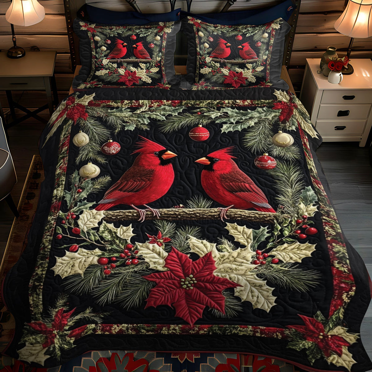 Holly Berry Nest Quilted Bedding Set quilted 3-piece bedding set on a made bed with two matching pillow shams
