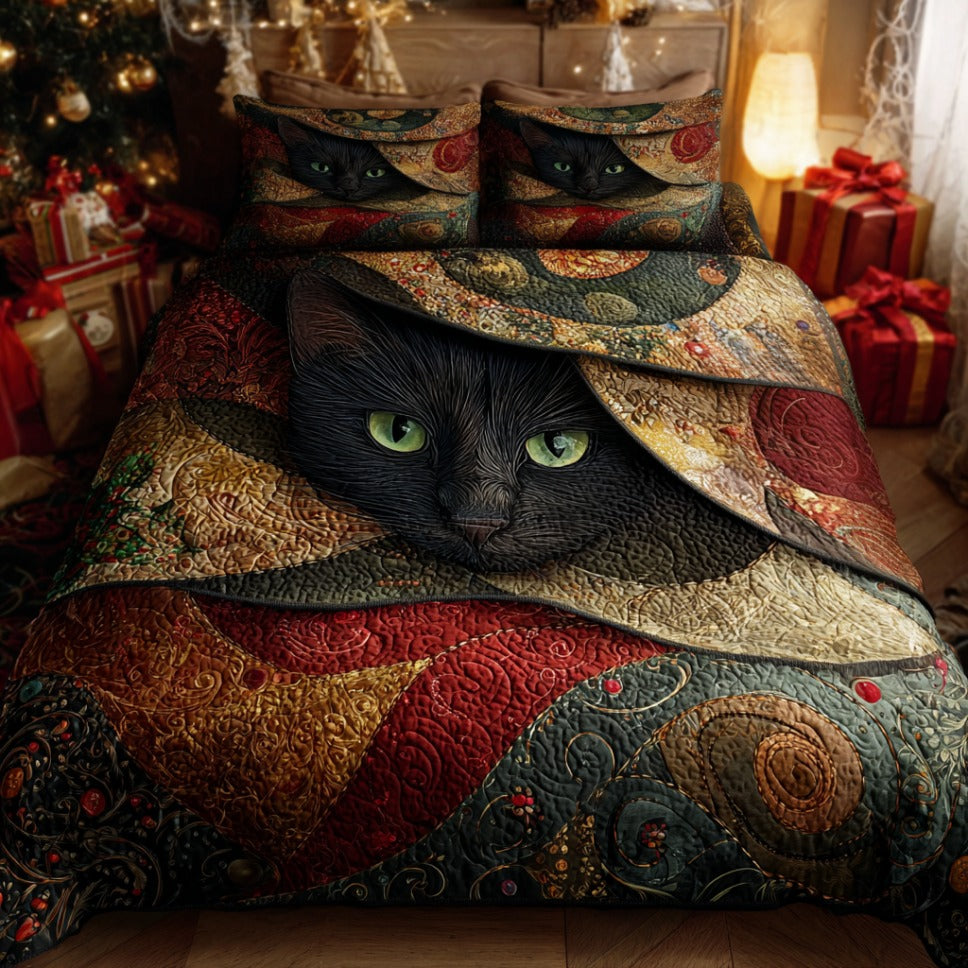 Holly Cat Charm quilted 3-piece bedding set on a made bed with two matching pillow shams