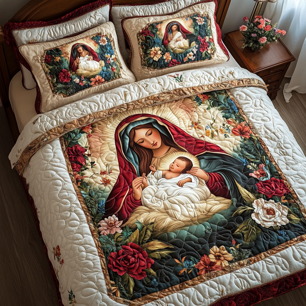 Holy Garden Quilted Bedding Set quilted 3-piece bedding set on a made bed with two matching pillow shams