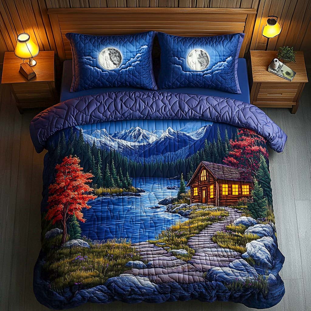 Home In Pines quilted 3-piece bedding set on a made bed with two matching pillow shams