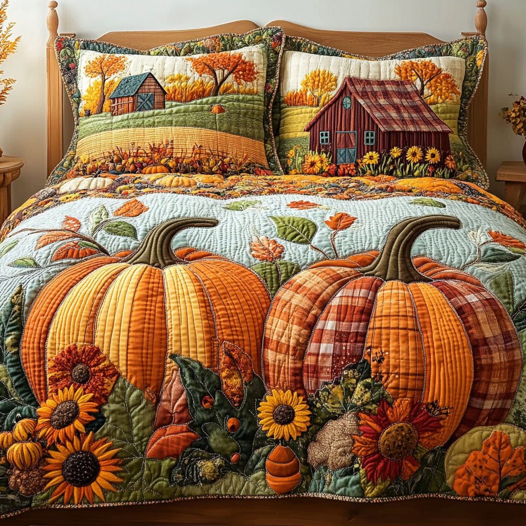 Homestead Harvest Acorn quilted 3-piece bedding set on a made bed with two matching pillow shams