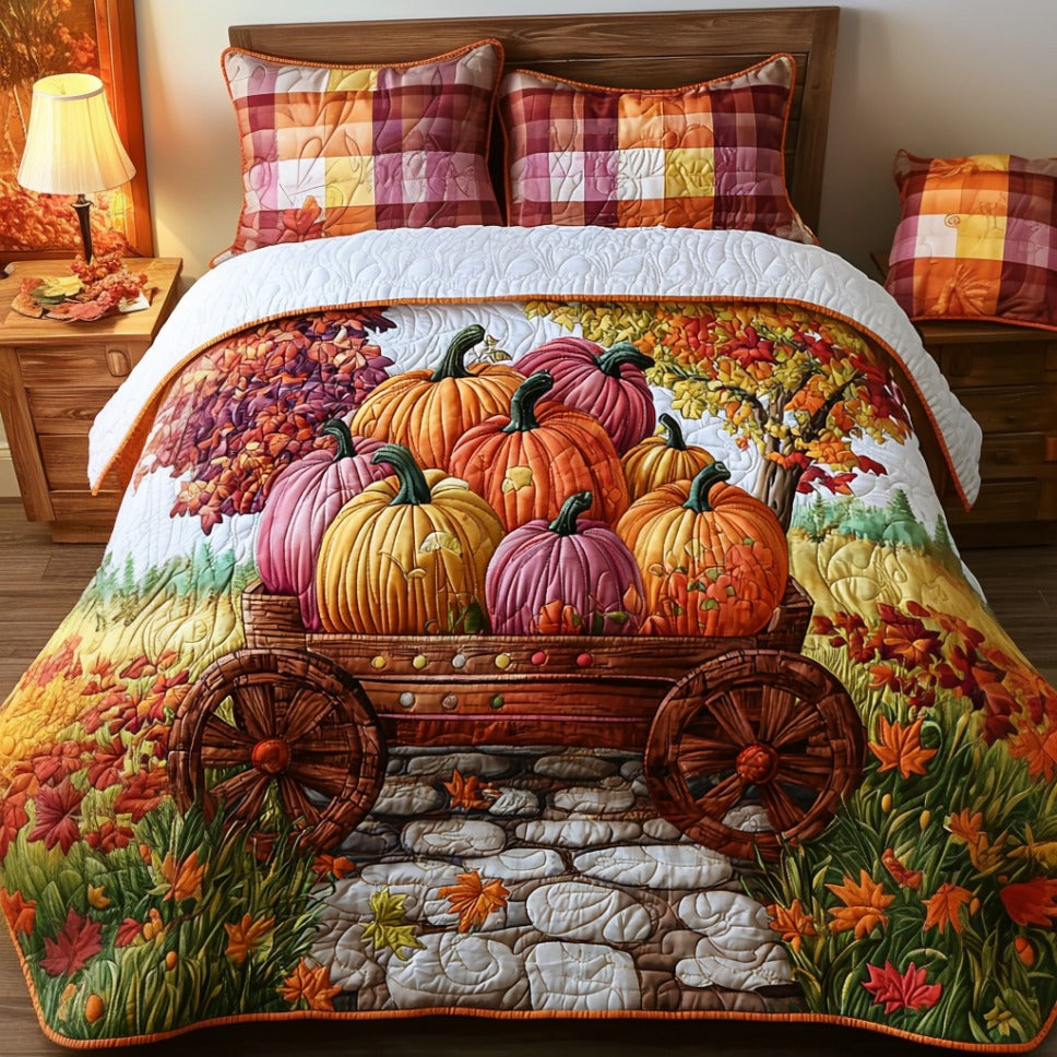 Homestead Harvest Autumn quilted 3-piece bedding set on a made bed with two matching pillow shams