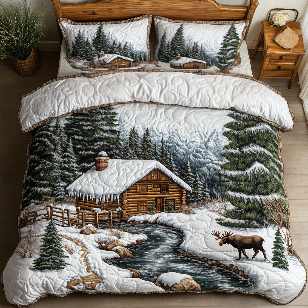 Homestead Log Cabin quilted 3-piece bedding set on a made bed with two matching pillow shams