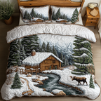 Homestead Log Cabin quilted 3-piece bedding set on a made bed with two matching pillow shams