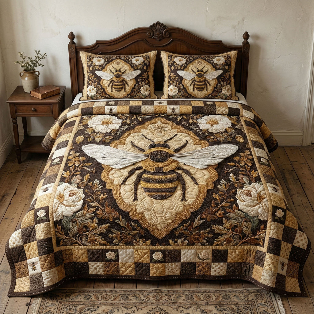 Honeycomb Heirloom quilted 3-piece bedding set on a made bed with two matching pillow shams