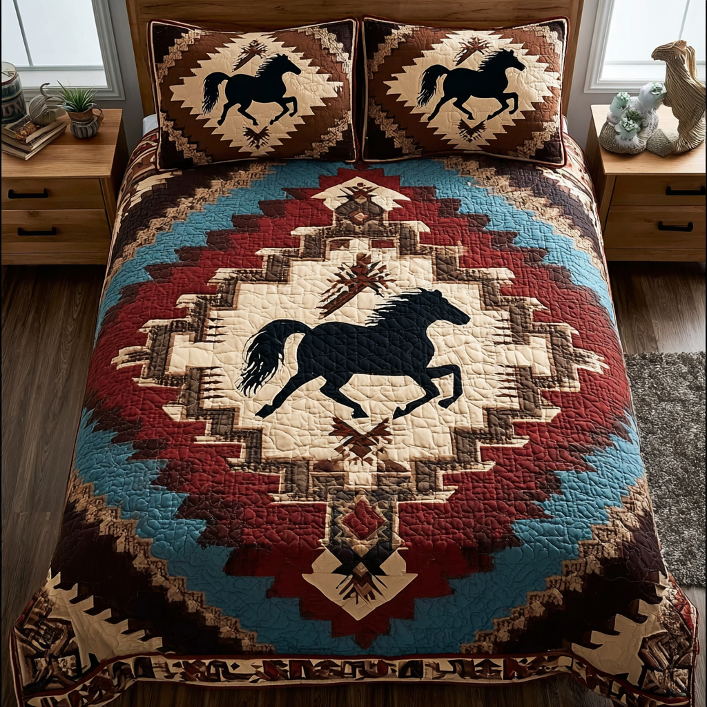 Horse Dream Bedspreads quilted 3-piece bedding set on a made bed with two matching pillow shams