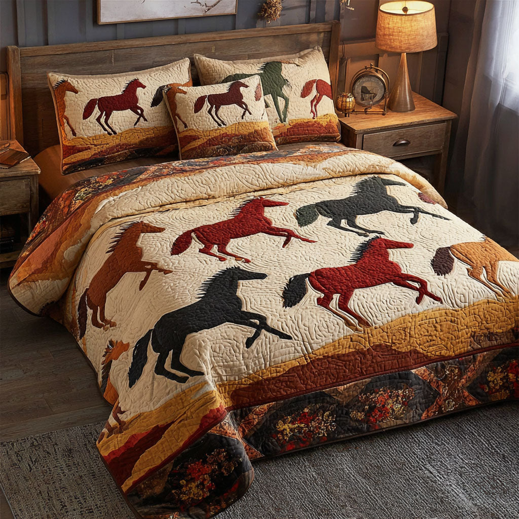Horse Light quilted 3-piece bedding set on a made bed with two matching pillow shams