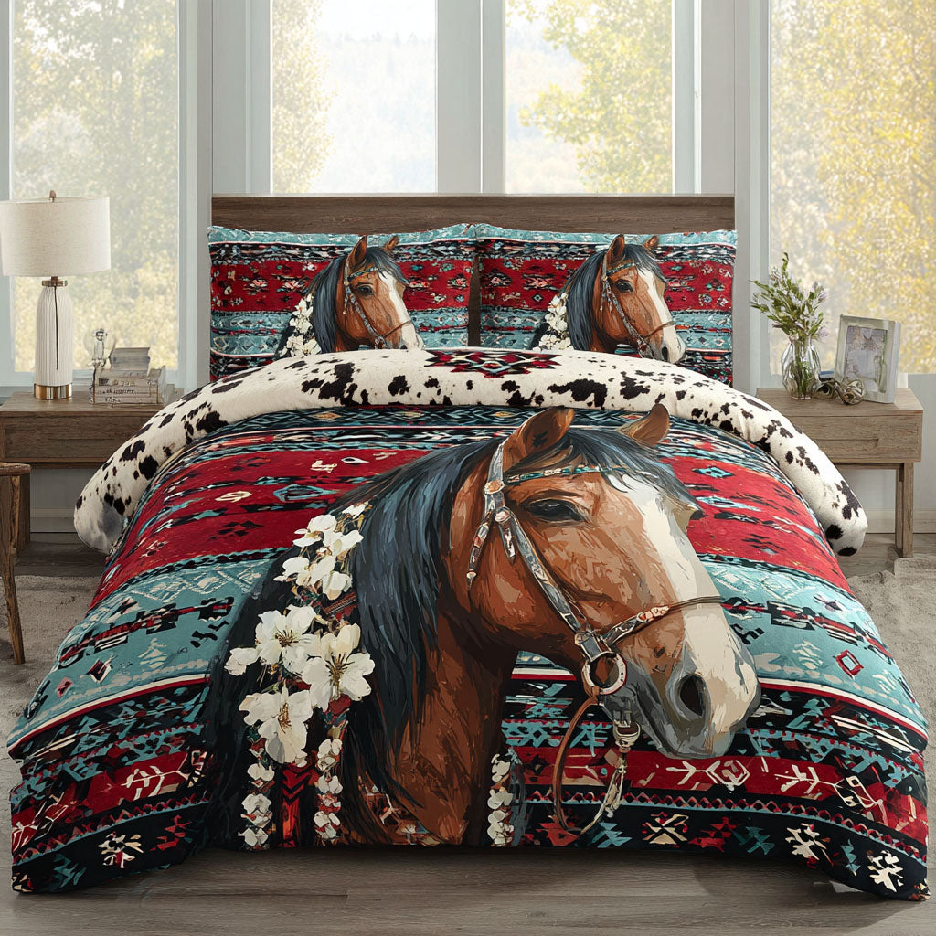 Horse Magic quilted 3-piece bedding set on a made bed with two matching pillow shams