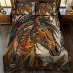 Horse Southwest quilted 3-piece bedding set on a made bed with two matching pillow shams