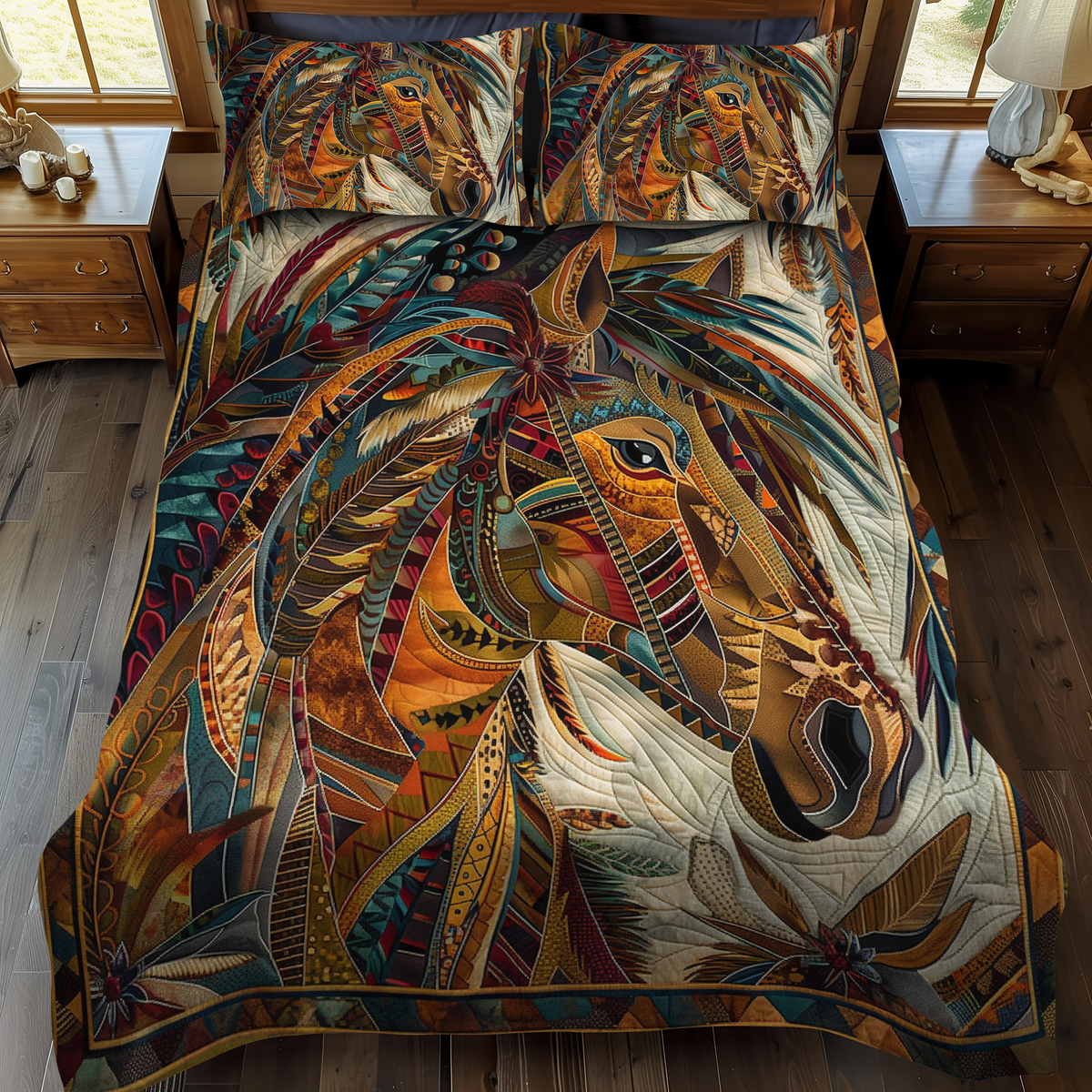 Horse Southwest quilted 3-piece bedding set on a made bed with two matching pillow shams