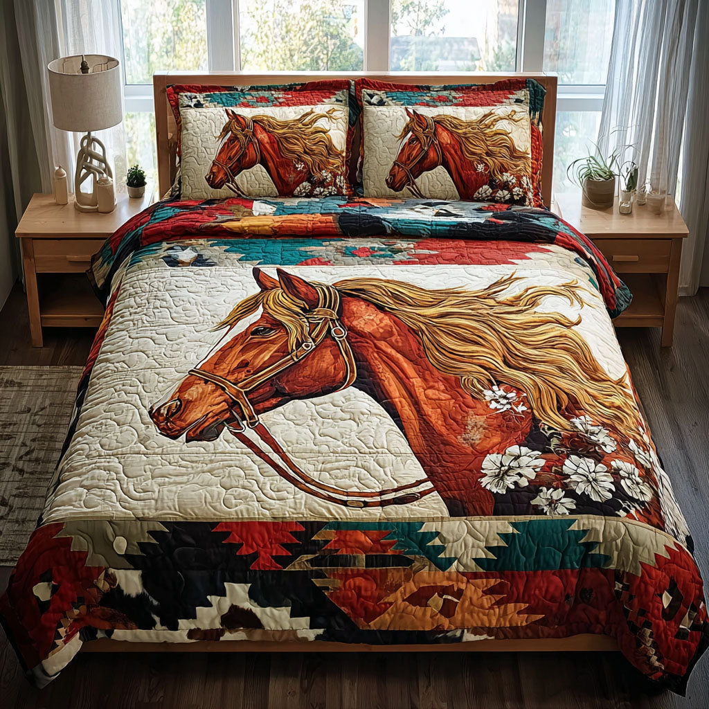 Horse Spirit Animal quilted 3-piece bedding set on a made bed with two matching pillow shams