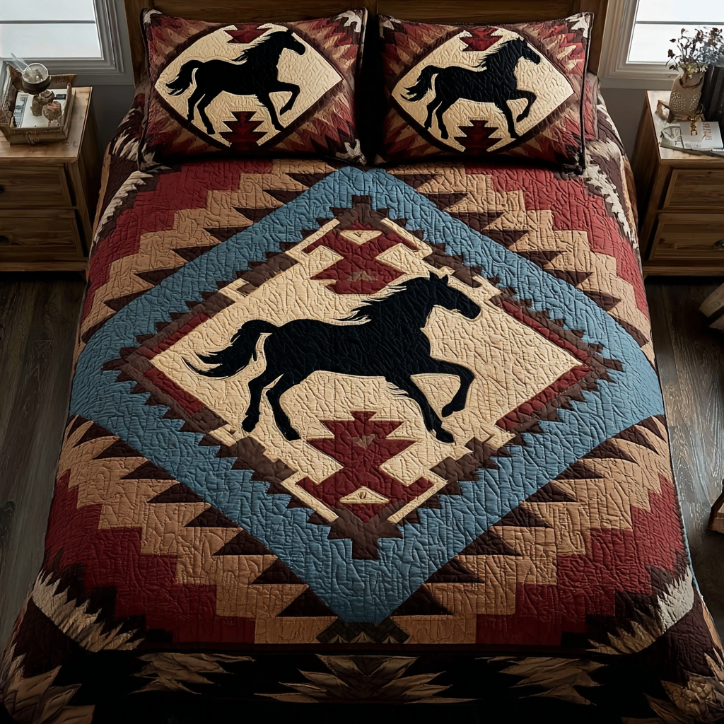 Horse Spirit Bedspread quilted 3-piece bedding set on a made bed with two matching pillow shams
