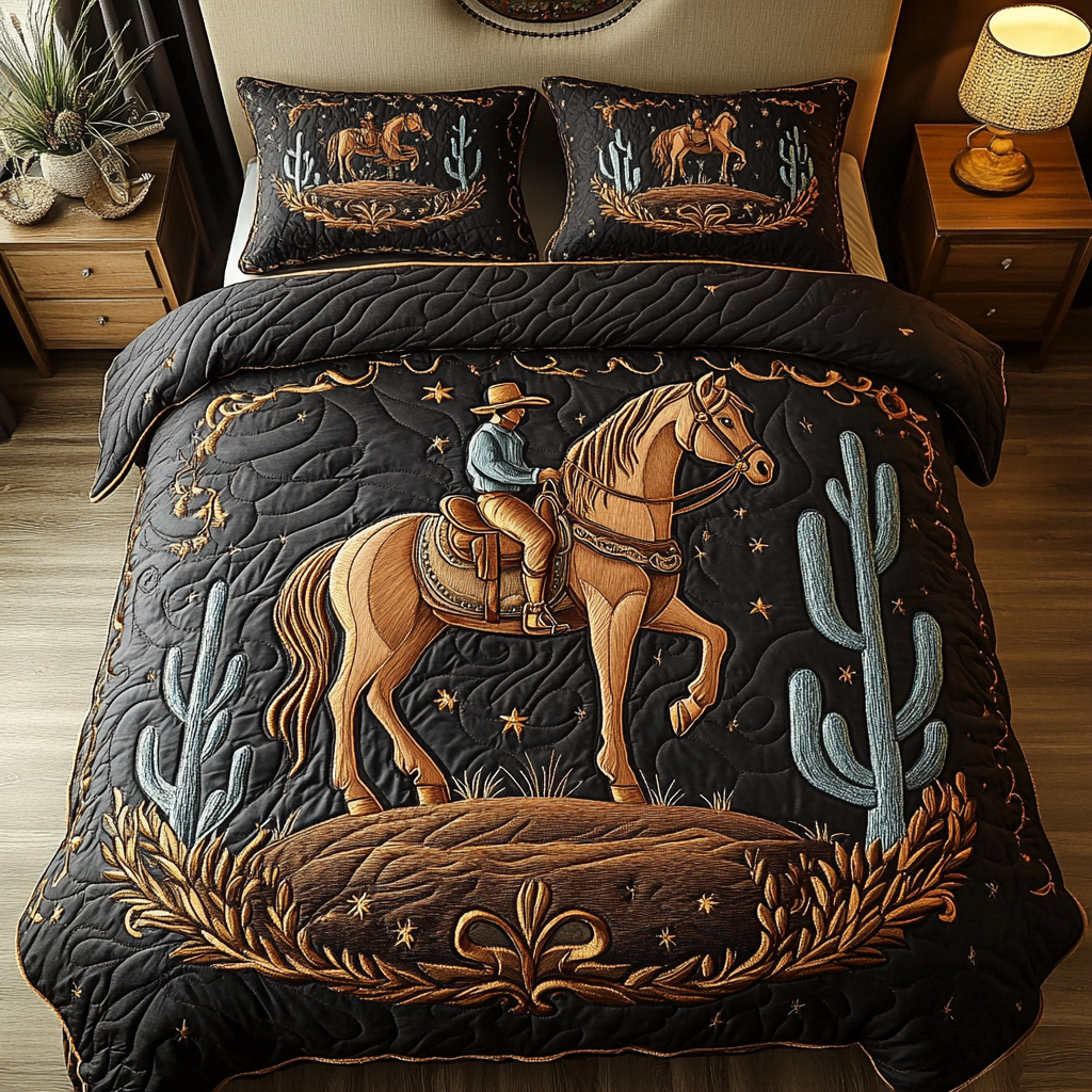Horseback Bliss quilted 3-piece bedding set on a made bed with two matching pillow shams