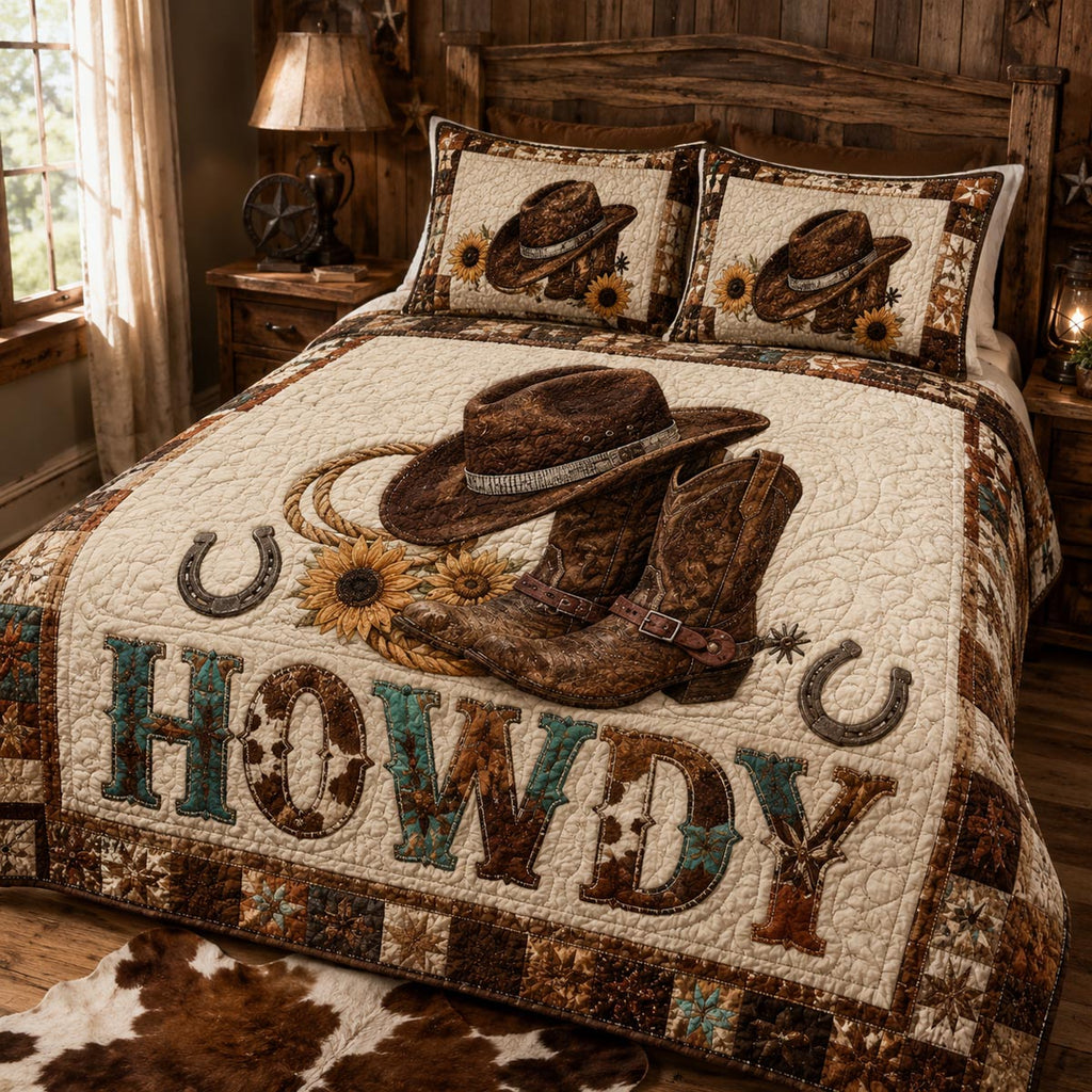 Howdy Heritage quilted 3-piece bedding set on a made bed with two matching pillow shams