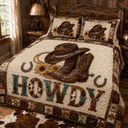 Howdy Heritage quilted 3-piece bedding set on a made bed with two matching pillow shams