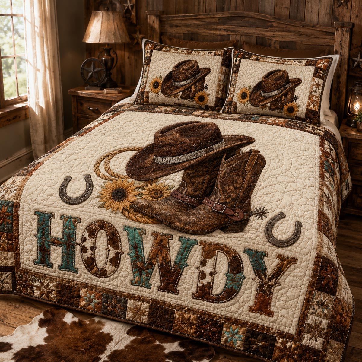 Howdy Heritage quilted 3-piece bedding set on a made bed with two matching pillow shams
