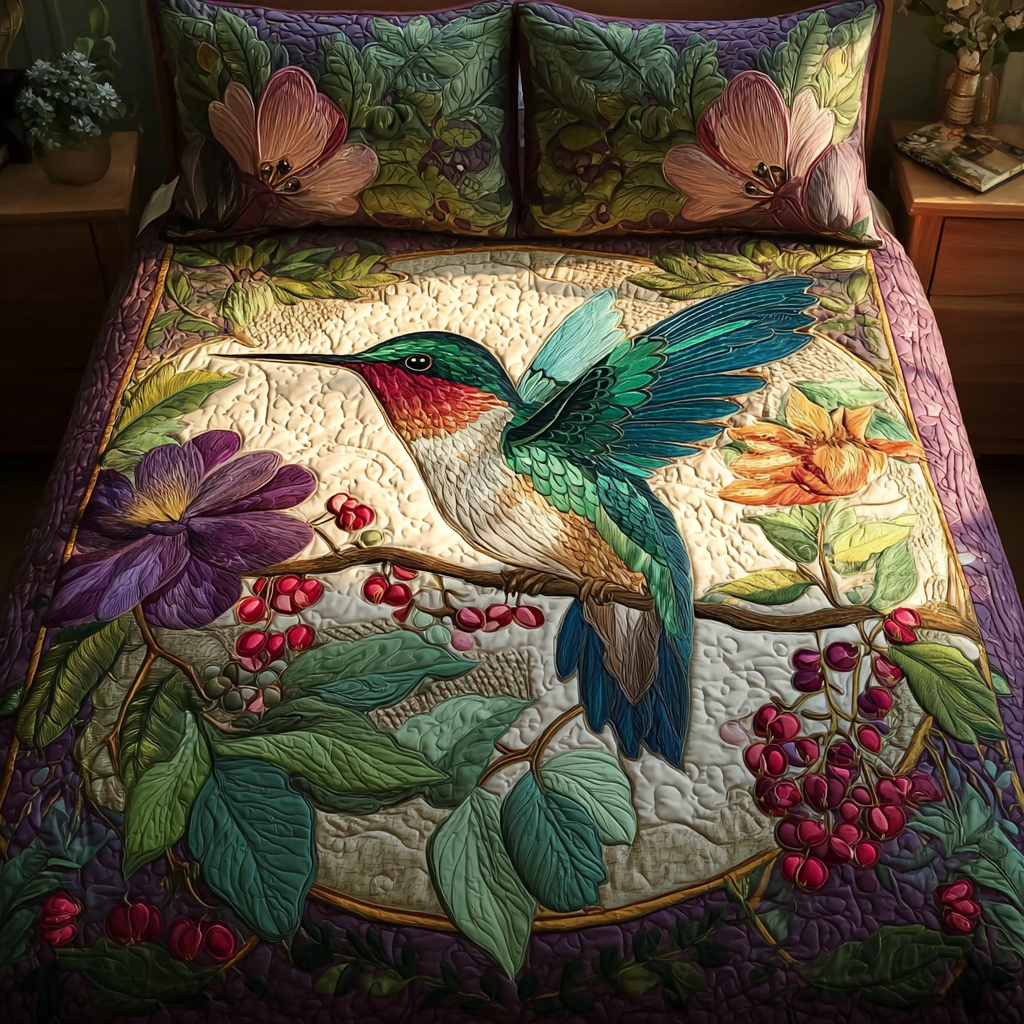 Hummingbird Bloom Bedspread quilted 3-piece bedding set on a made bed with two matching pillow shams