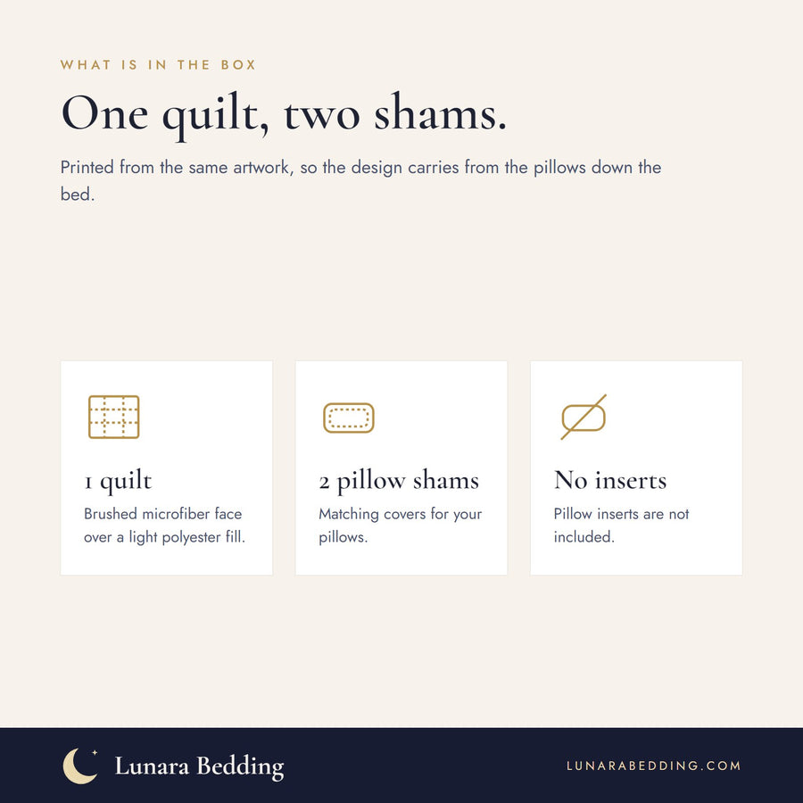 What is in the set: one quilt and two matching pillow shams; pillow inserts not included