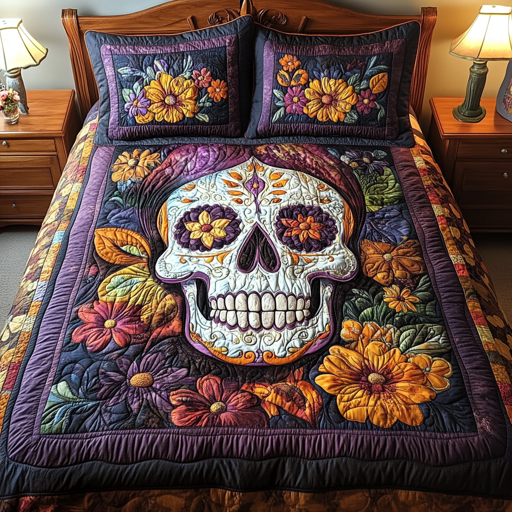 Intricate Skull quilted 3-piece bedding set on a made bed with two matching pillow shams