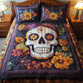 Intricate Skull quilted 3-piece bedding set on a made bed with two matching pillow shams