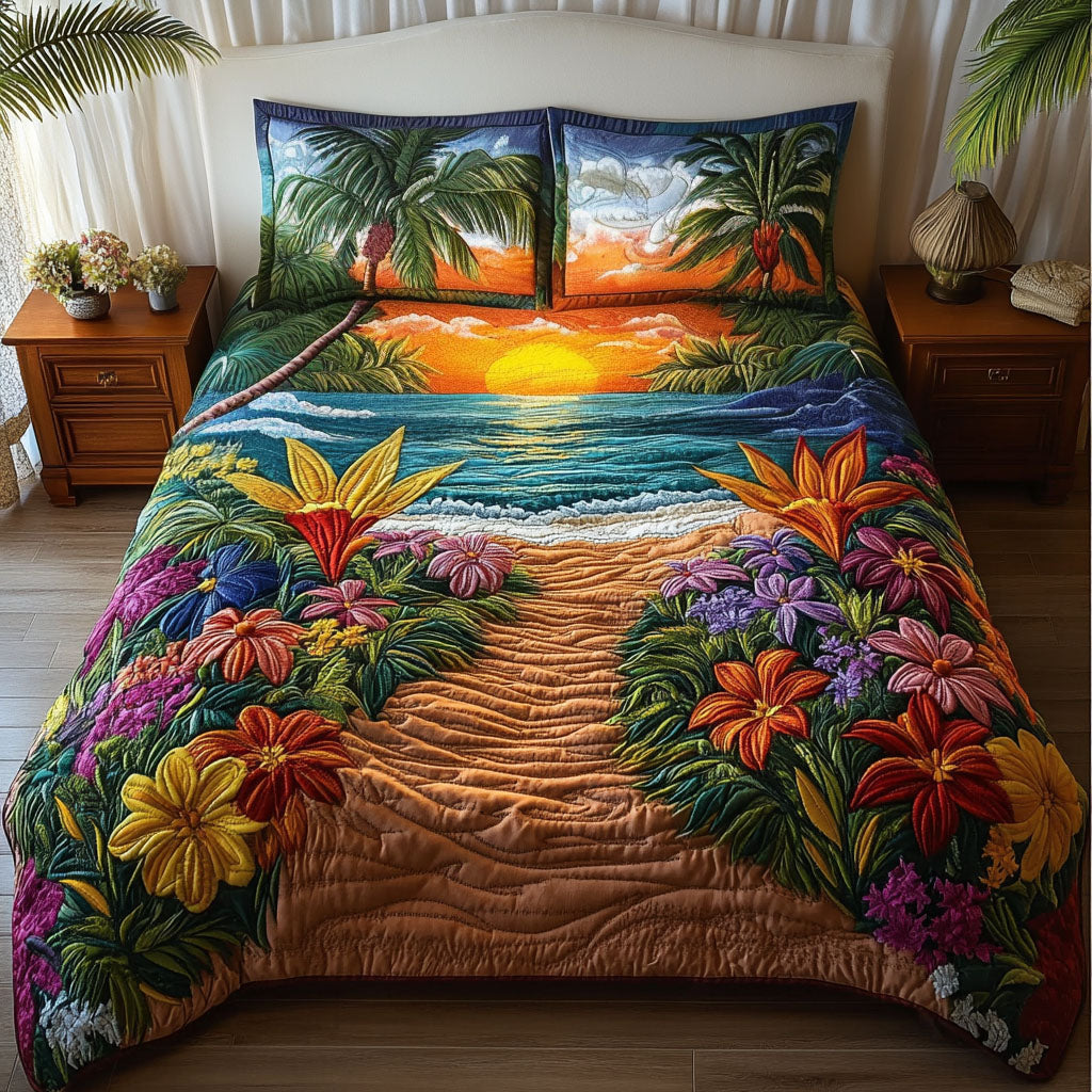 Island Bliss Retreat quilted 3-piece bedding set on a made bed with two matching pillow shams