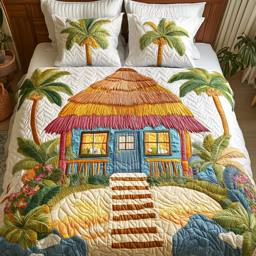 Island Dreams Beach House quilted 3-piece bedding set on a made bed with two matching pillow shams