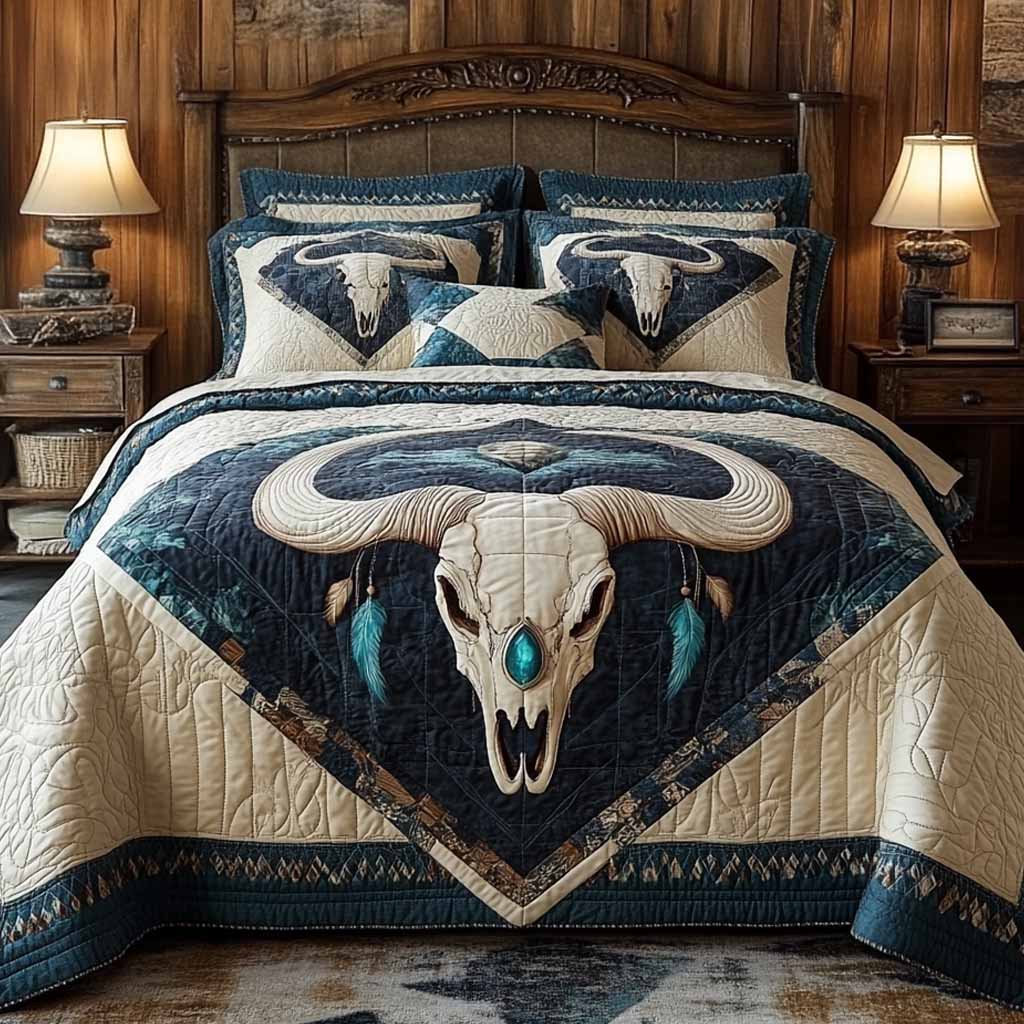 Ivory Longhorn quilted 3-piece bedding set on a made bed with two matching pillow shams