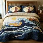Japanese Pagoda Artistic Wave quilted 3-piece bedding set on a made bed with two matching pillow shams